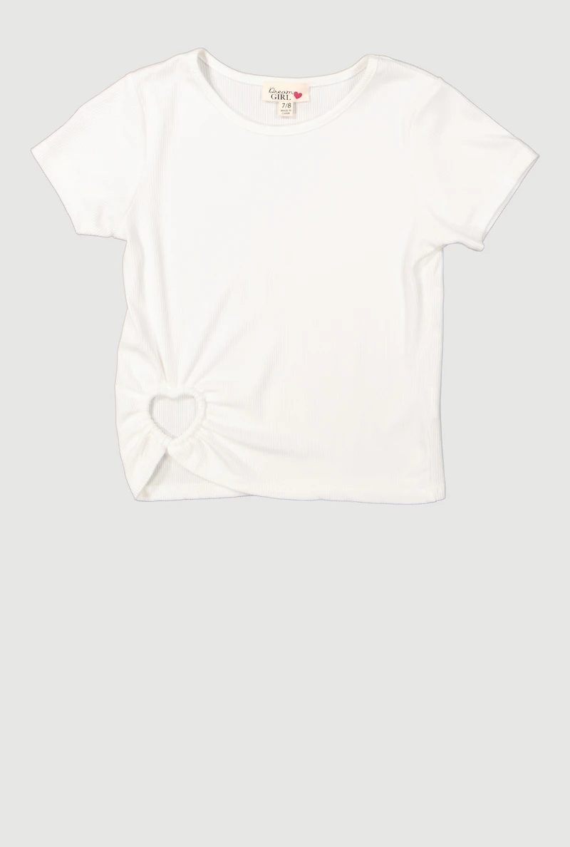 Girls Heart Cut Out Ribbed Knit T-Shirt, White, Size 7-8