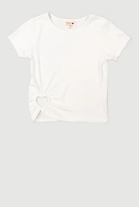 Girls Heart Cut Out Ribbed Knit T-Shirt, White, Size 7-8
