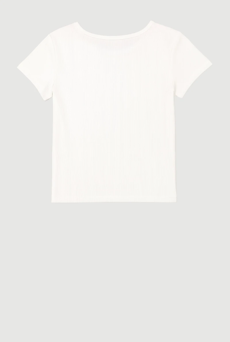 Girls Heart Cut Out Ribbed Knit T-Shirt, White, Size 7-8