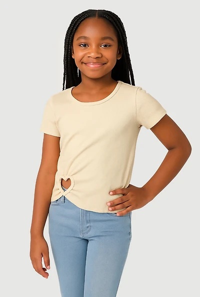 Girls Heart Cut Out Ribbed Knit T-Shirt,