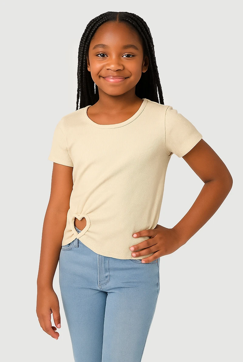 Girls Heart Cut Out Ribbed Knit T-Shirt, Beige, Size 10-12