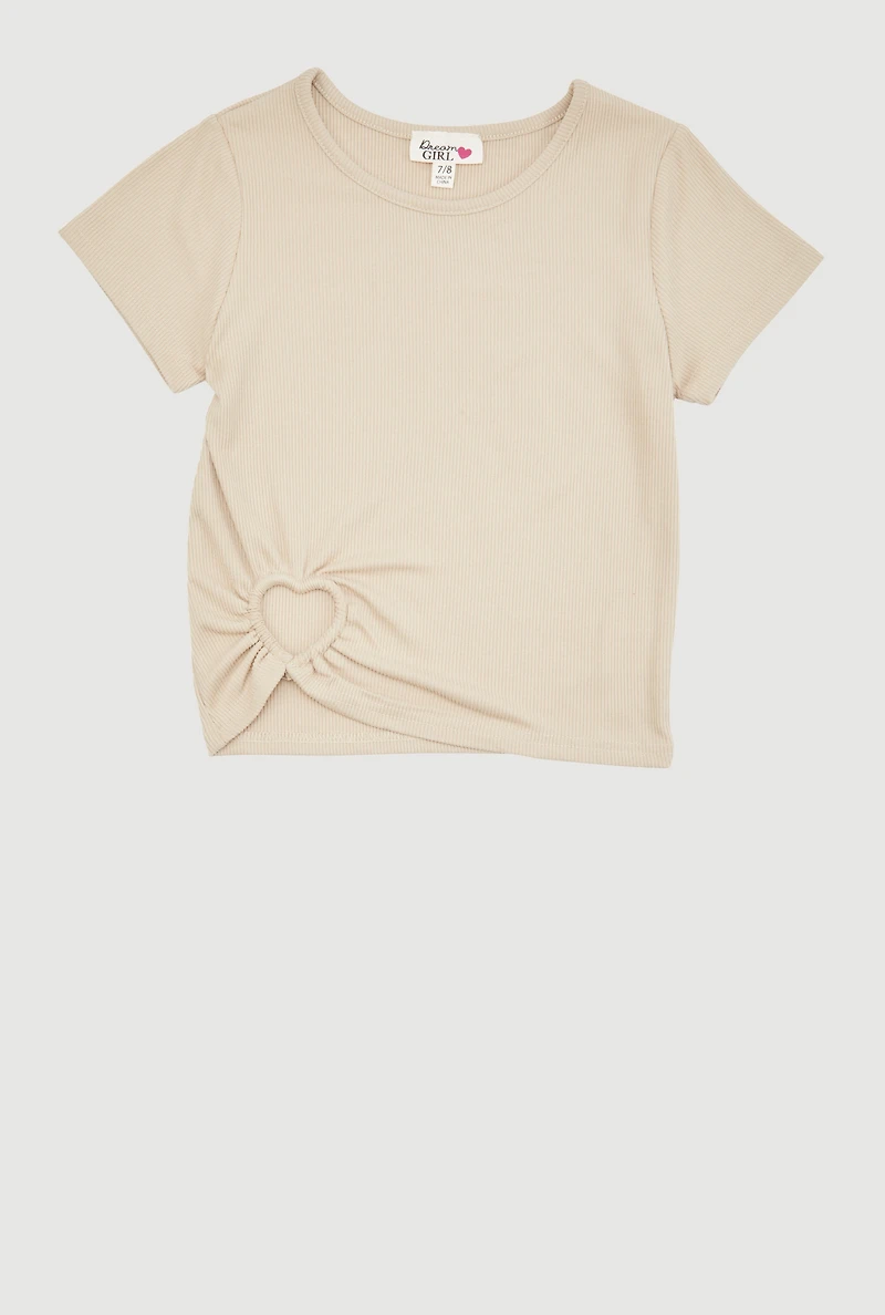 Girls Heart Cut Out Ribbed Knit T-Shirt,