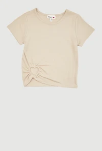 Girls Heart Cut Out Ribbed Knit T-Shirt, Beige, Size 10-12