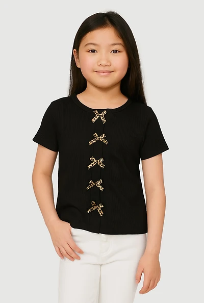Girls Ribbed Knit Bow Front T-Shirt, Black,