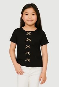 Girls Ribbed Knit Bow Front T-Shirt, Black,