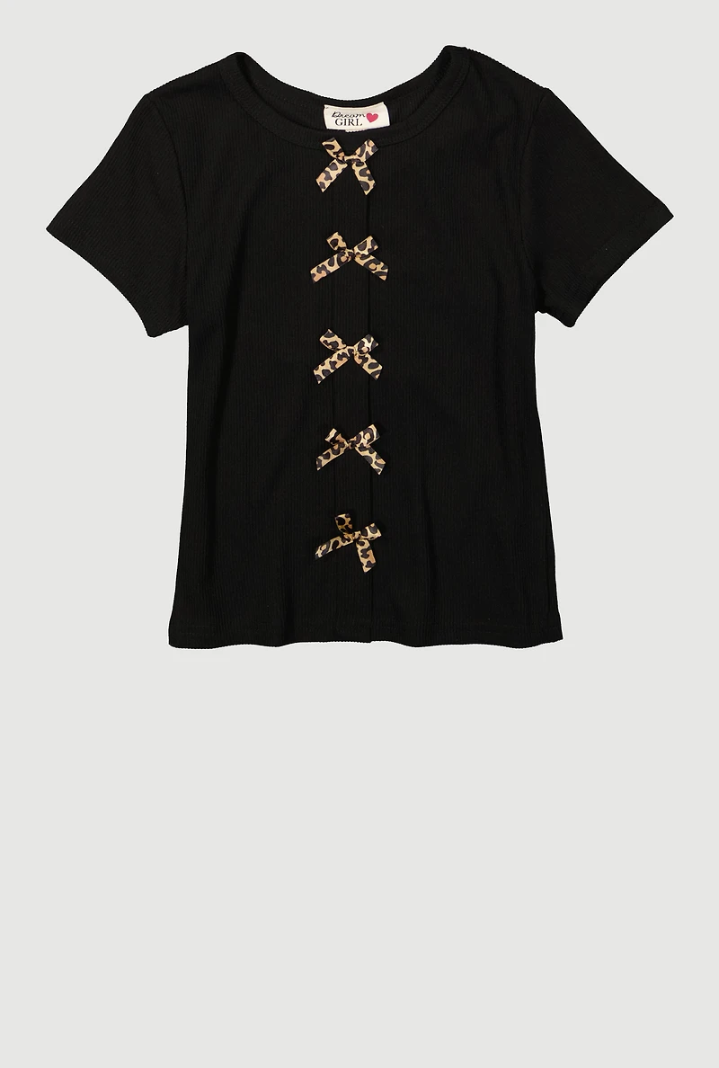 Girls Ribbed Knit Bow Front T-Shirt, Black,