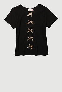 Girls Ribbed Knit Bow Front T-Shirt, Black,