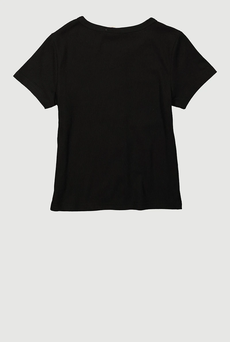 Girls Ribbed Knit Bow Front T-Shirt, Black,