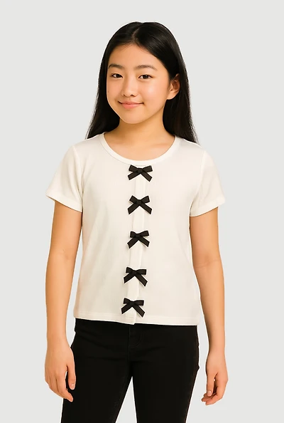Girls Ribbed Knit Bow Front T-Shirt, White, Size 10-12