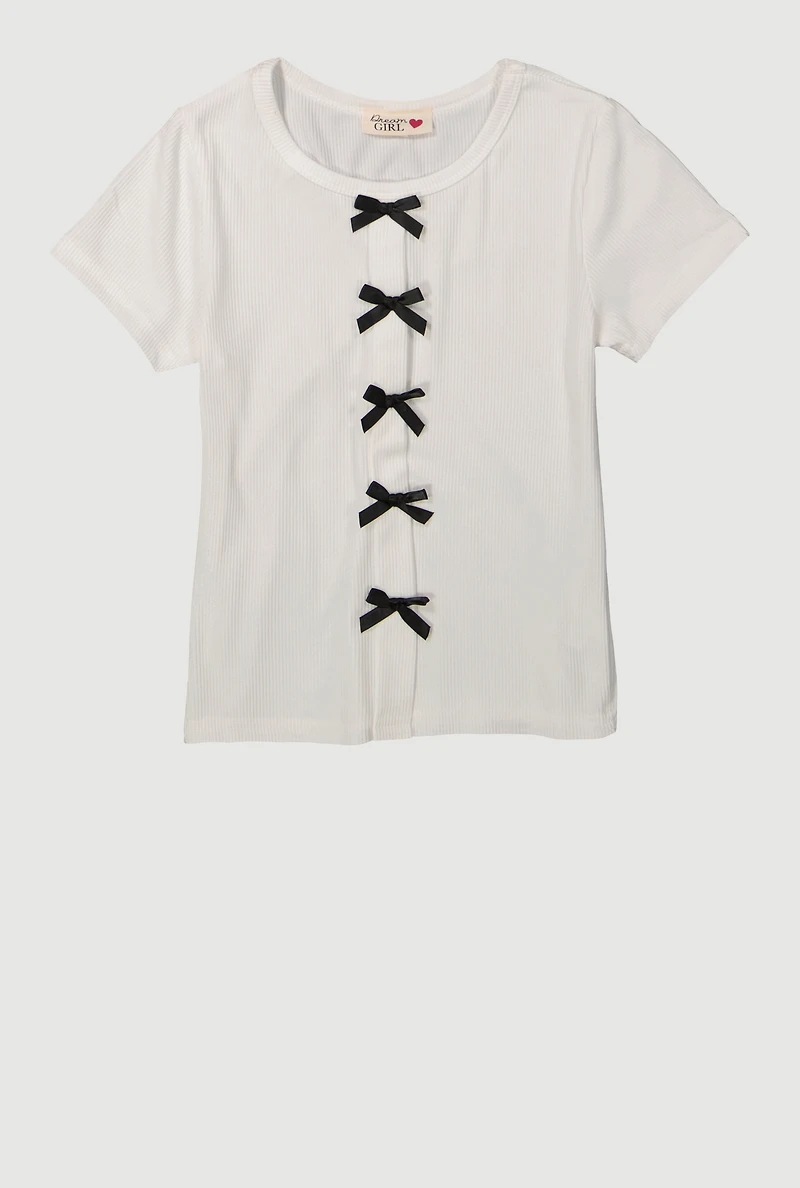 Girls Ribbed Knit Bow Front T-Shirt, White, Size 7-8