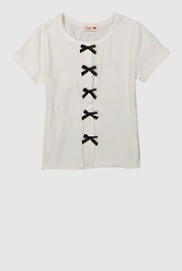 Girls Ribbed Knit Bow Front T-Shirt, White, Size 7-8