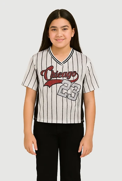 Girls City Graphic Pinstripe Football Jersey, White, Size 10-12