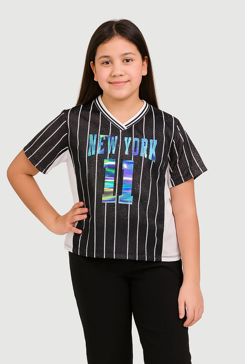 Girls City Graphic Pinstripe Football Jersey, Black,