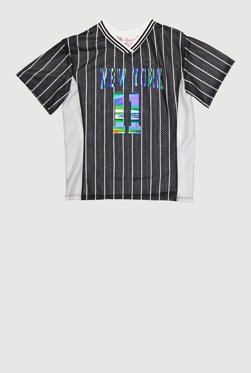 Girls City Graphic Pinstripe Football Jersey, Black, Size 7-8