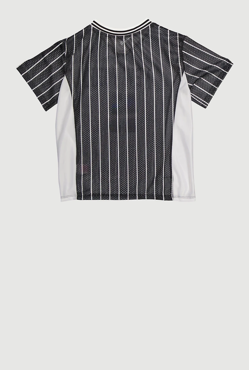 Girls City Graphic Pinstripe Football Jersey, Black,