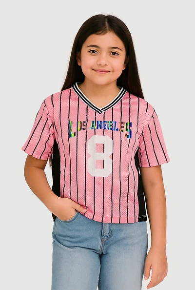 Girls City Graphic Pinstripe Football Jersey, Pink, Size 10-12