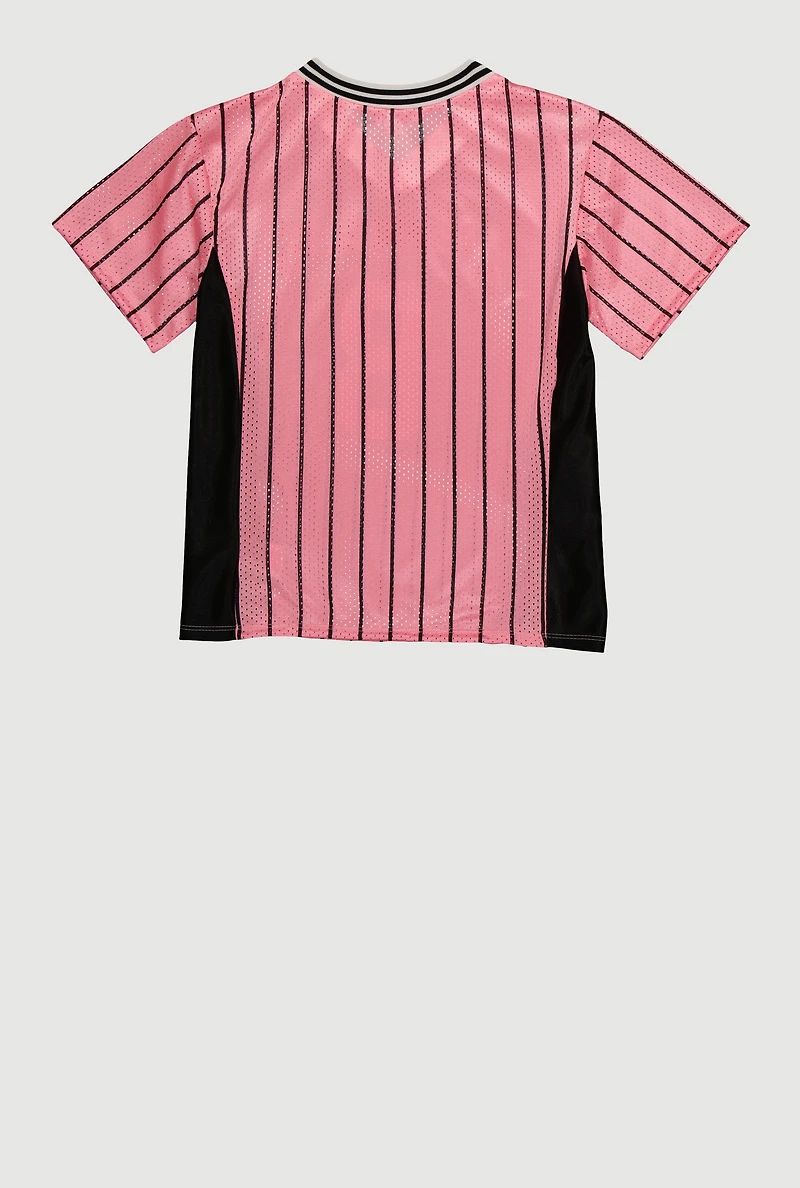 Girls City Graphic Pinstripe Football Jersey, Pink, Size 14-16