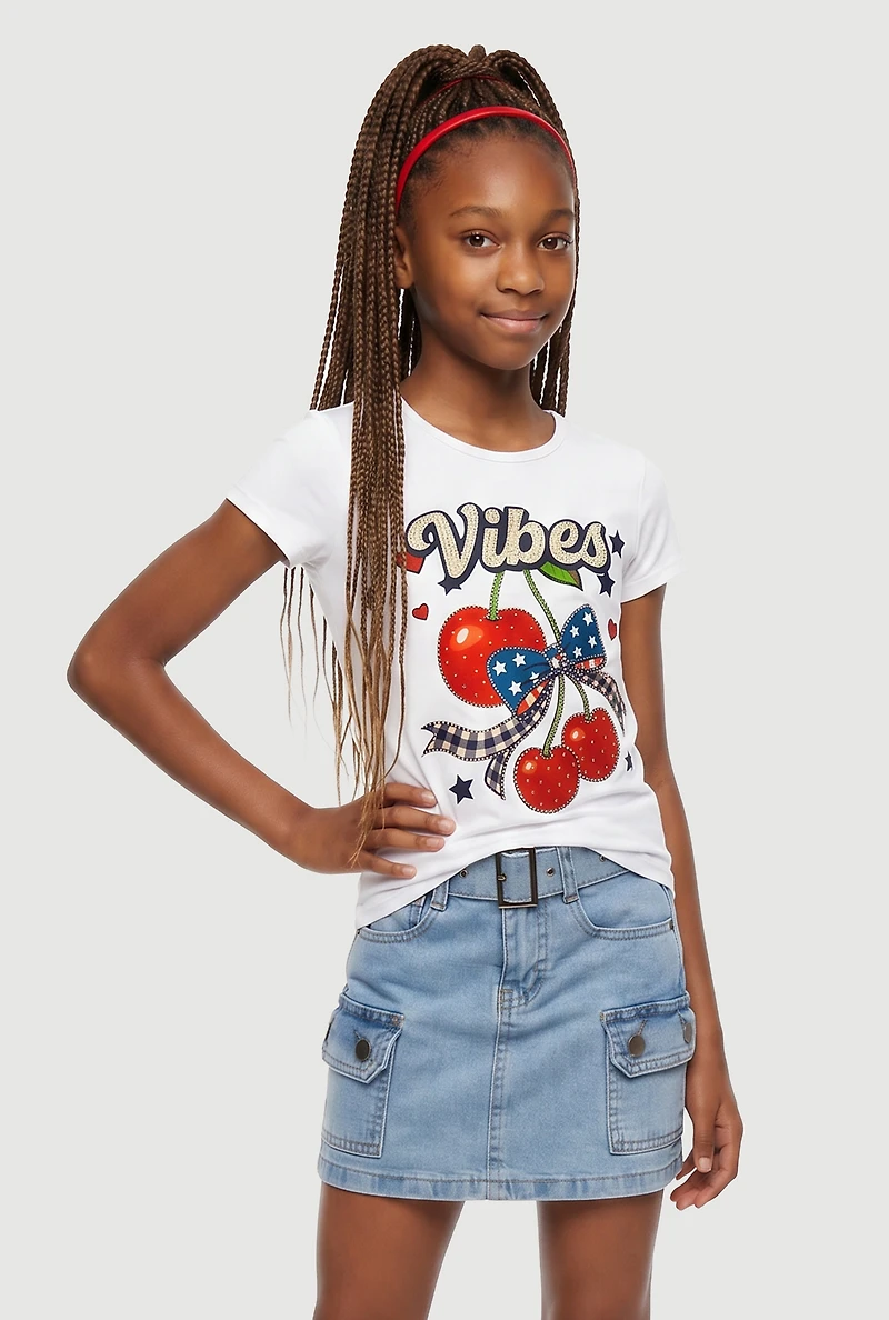 Girls Rhinestone Cherry Vibes Americana Graphic Tee