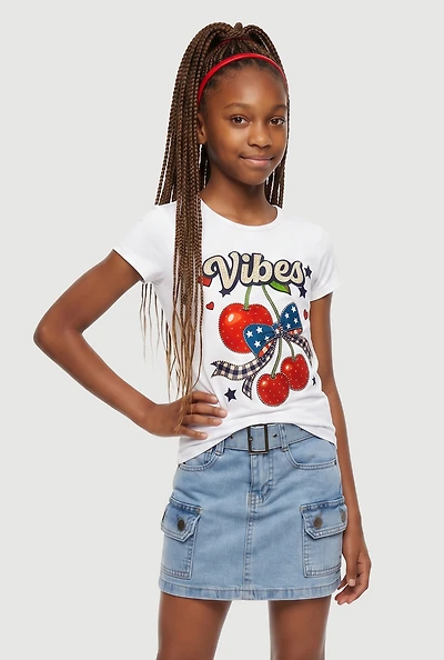 Girls Rhinestone Cherry Vibes  Americana Graphic Tee