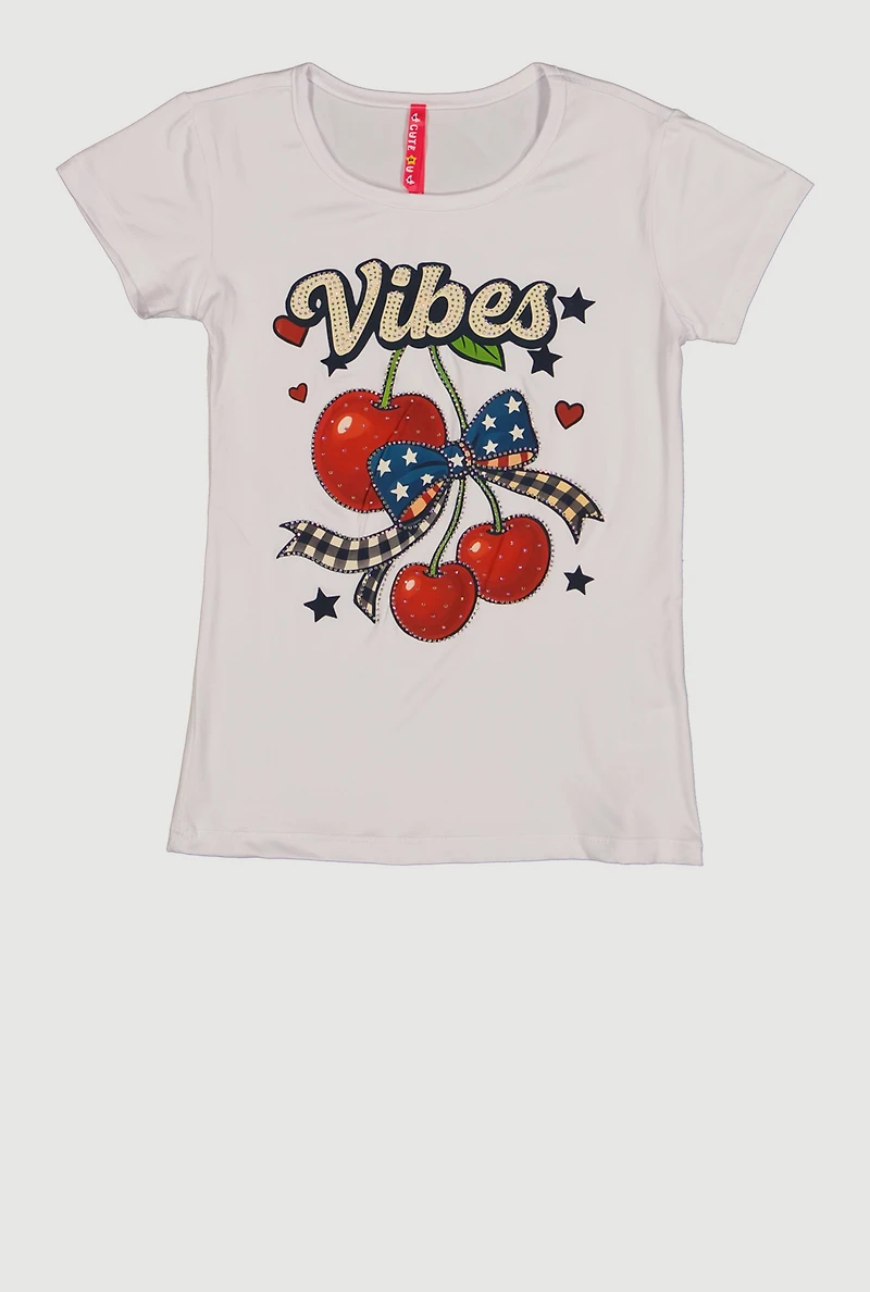 Girls Rhinestone Cherry Vibes Americana Graphic Tee