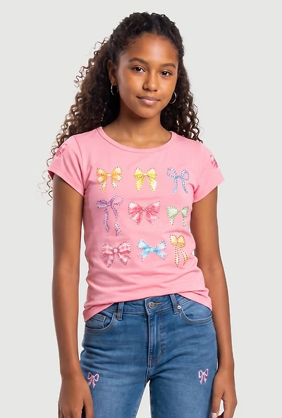 Girls Rhinestone Bow Graphic Short Sleeve Tee