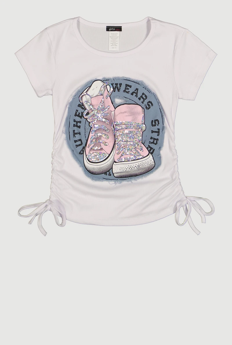 Girls Frayed Sequin Shoe Patch Graphic Side Ruched Tee