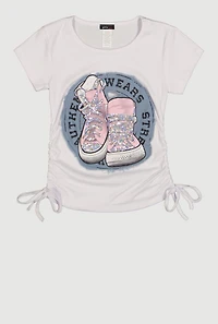 Girls Frayed Sequin Shoe Patch Graphic Side Ruched Tee