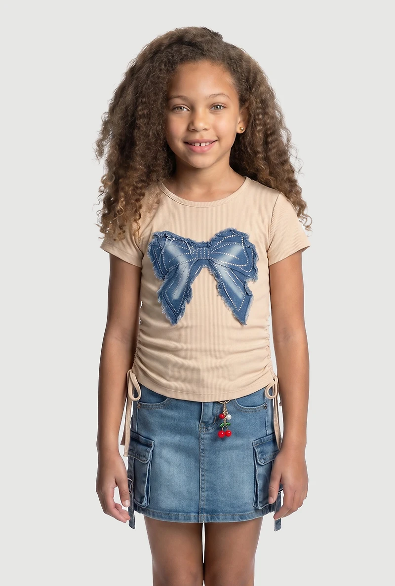Girls Rhinestone Frayed Denim Bow Patch Graphic Side Ruched Tee