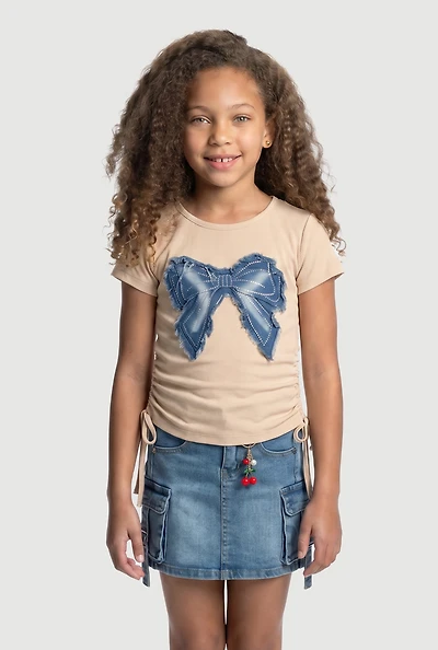 Girls Rhinestone Frayed Denim Bow Patch Graphic Side Ruched Tee