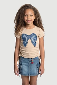Girls Rhinestone Frayed Denim Bow Patch Graphic Side Ruched Tee