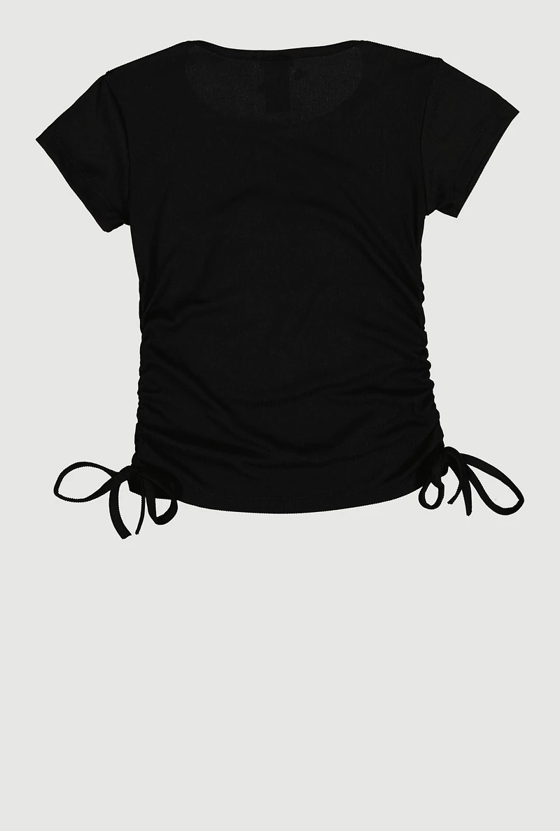 Girls Frayed Denim Cherry Patch Graphic Side Ruched Tee