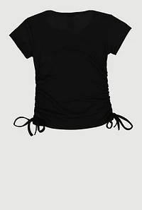 Girls Frayed Denim Cherry Patch Graphic Side Ruched Tee