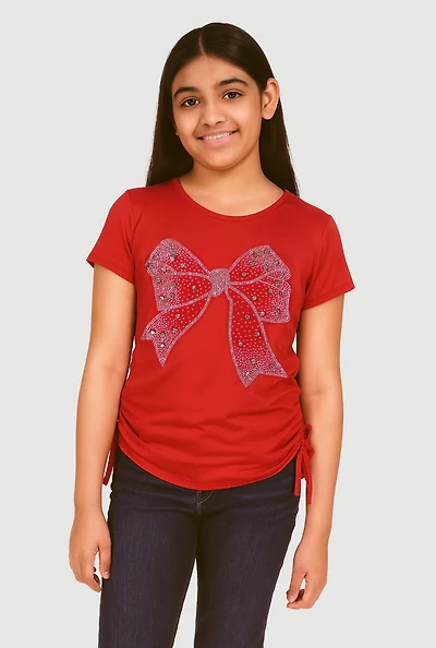 Girls Rhinestone Bow Graphic T-Shirt, Red, Size 7-8
