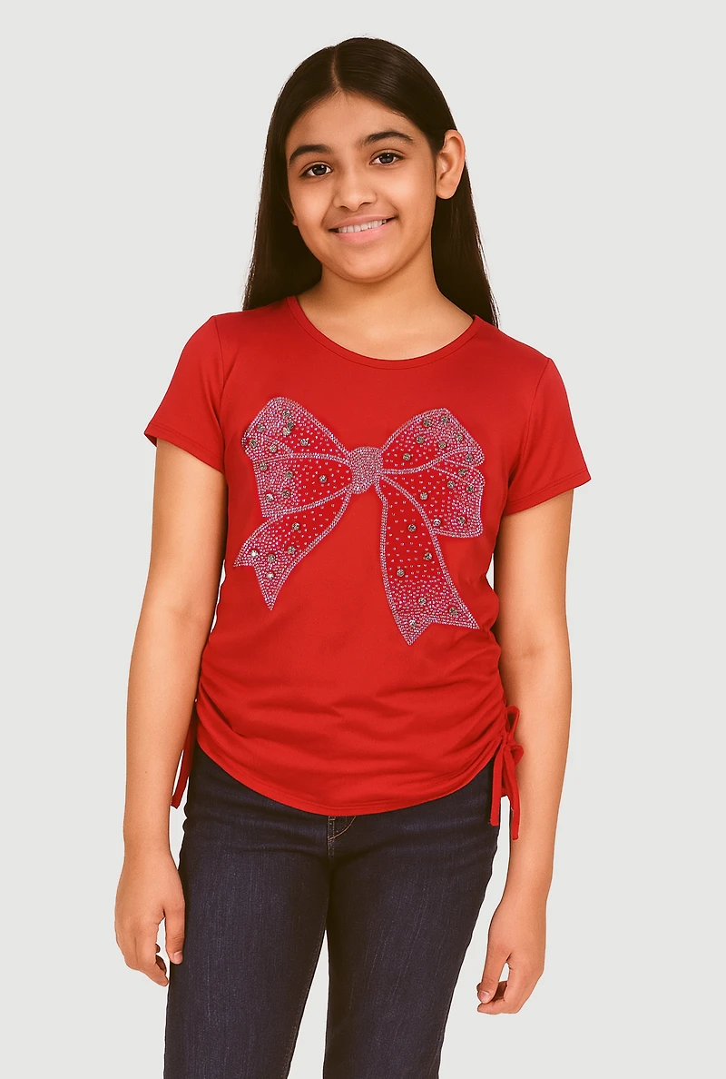 Girls Rhinestone Bow Graphic T-Shirt, Red, Size 10-12