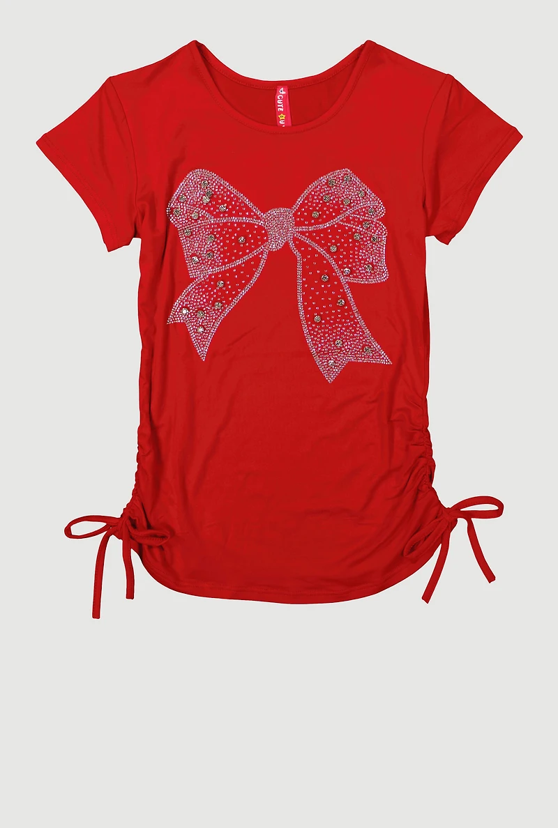 Girls Rhinestone Bow Graphic T-Shirt, Red, Size 7-8