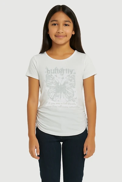 Girls Rhinestone Butterfly Ruched Side Graphic Tee, White, Size 10-12