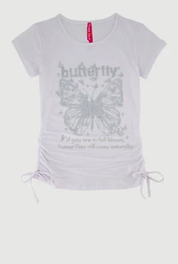 Girls Rhinestone Butterfly Ruched Side Graphic Tee, White,