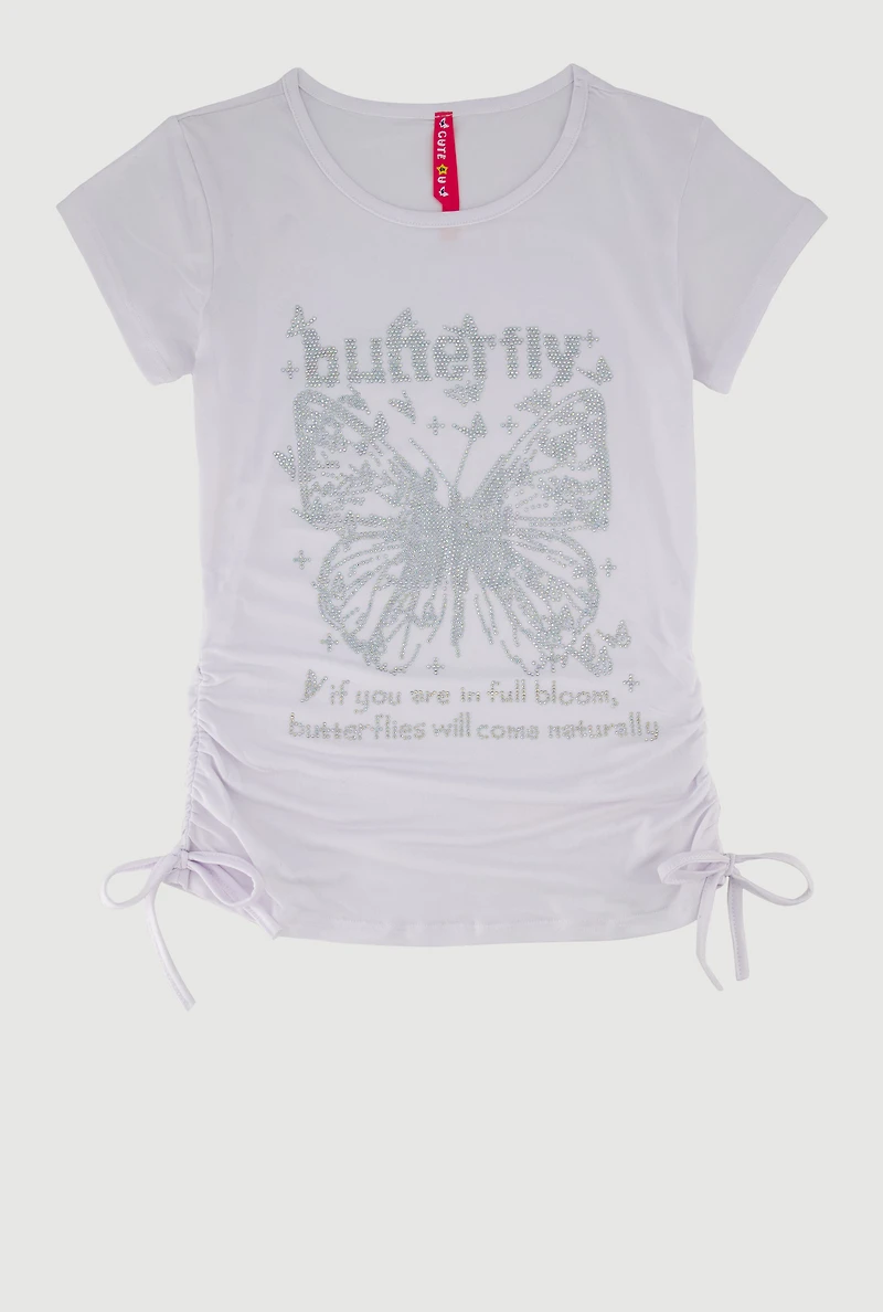Girls Rhinestone Butterfly Ruched Side Graphic Tee, White, Size 7-8
