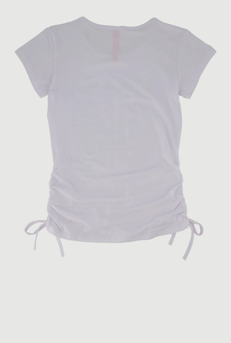 Girls Rhinestone Butterfly Ruched Side Graphic Tee, White, Size 7-8