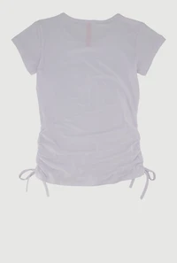 Girls Rhinestone Butterfly Ruched Side Graphic Tee, White, Size 7-8