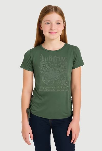 Girls Rhinestone Butterfly Ruched Side Graphic Tee, Green, Size 14-16