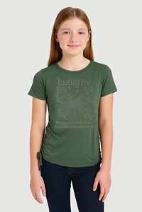 Girls Rhinestone Butterfly Ruched Side Graphic Tee, Green, Size 14-16