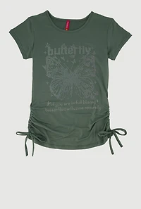 Girls Rhinestone Butterfly Ruched Side Graphic Tee, Green, Size 14-16