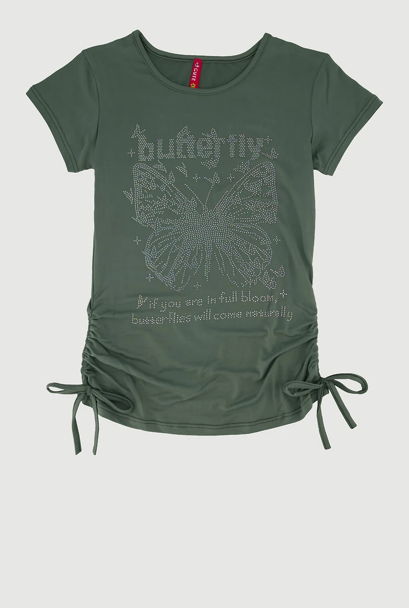 Girls Rhinestone Butterfly Ruched Side Graphic Tee,