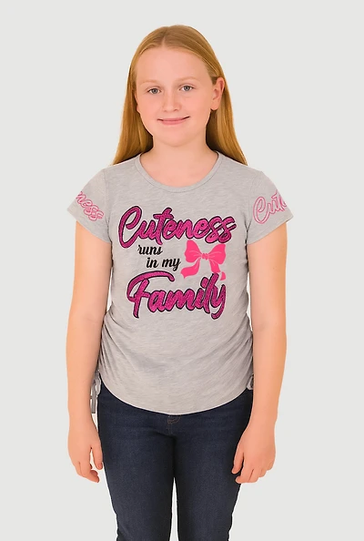 Girls Sequin Cuteness Family Ruched Side Graphic Tee, Grey, Size 7-8