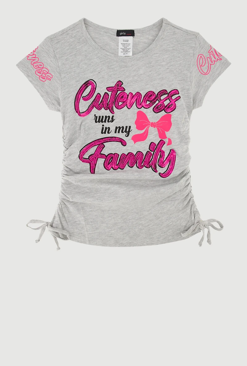 Girls Sequin Cuteness Family Ruched Side Graphic Tee, Grey, Size 7-8