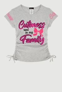 Girls Sequin Cuteness Family Ruched Side Graphic Tee, Grey, Size 7-8