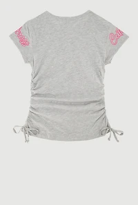 Girls Sequin Cuteness Family Ruched Side Graphic Tee, Grey, Size 7-8