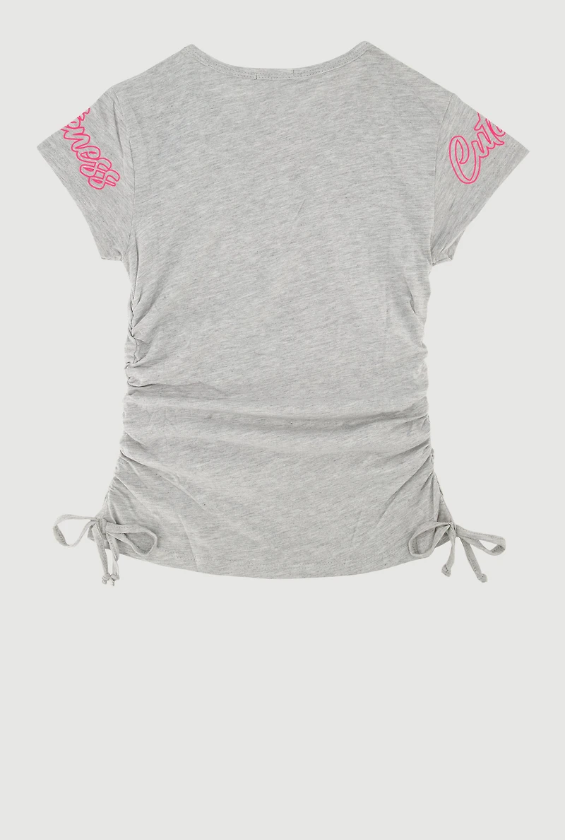 Girls Sequin Cuteness Family Ruched Side Graphic Tee, Grey,