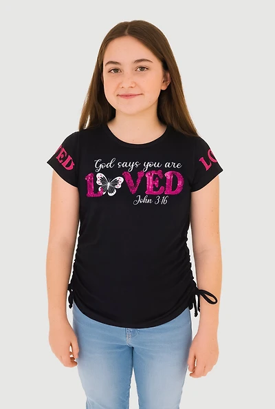 Girls Sequin God Loved Ruched Side Graphic Tee